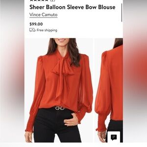 Vince Camuto button polyester Blouse neck scarf tie bow rust orange NWT $99 XS